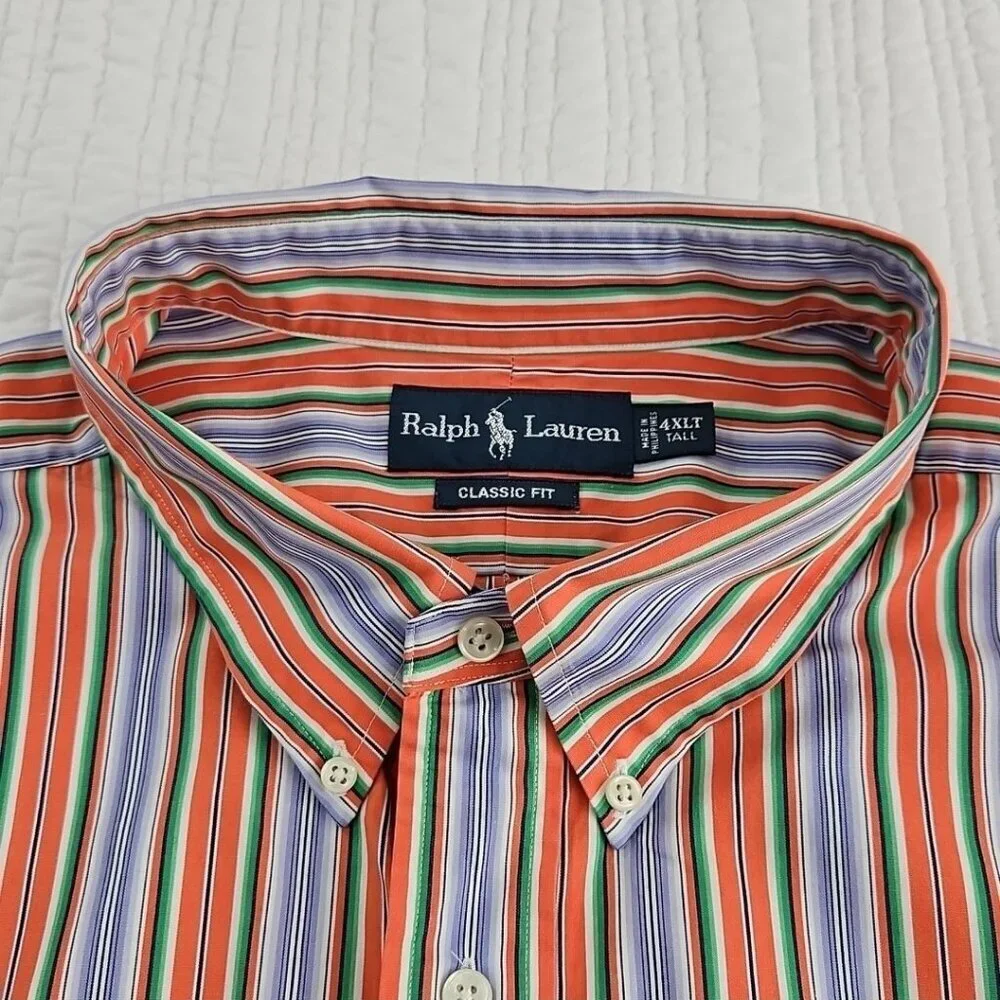 Polo Ralph Lauren Classic Fit Button‎ Down Shirt Men's 4XLT Orange Blue Stripe